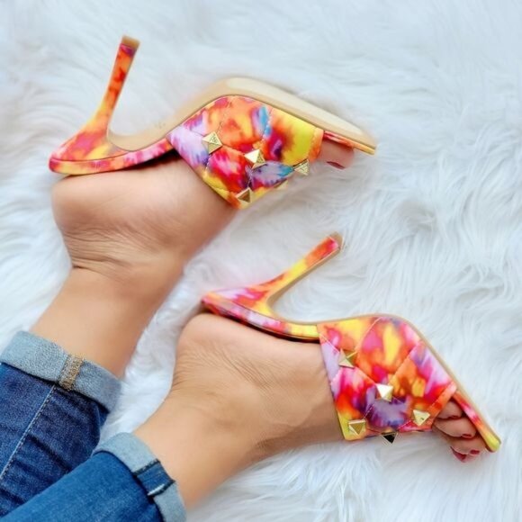 Women's Multi Color Roman Stud Quilted Slide High Heel Sandals - Picture 4 of 7